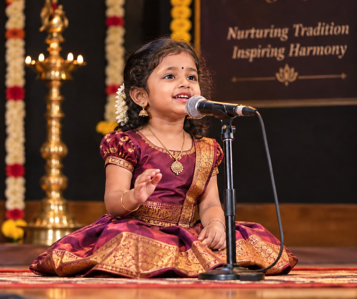 A young student in a silk pattu dress singing at the microphone on stage